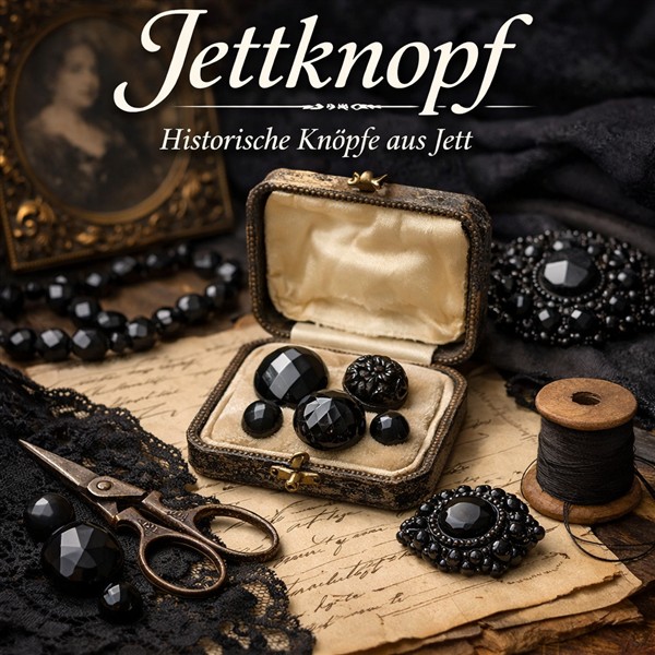 Jettknopf aus poliertem Jett, verwendet in historischer Kleidung und Trauerkleidung des 19. Jahrhunderts.