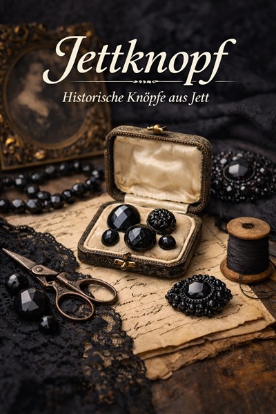 Jettknopf aus poliertem Jett, verwendet in historischer Kleidung und Trauerkleidung des 19. Jahrhunderts.