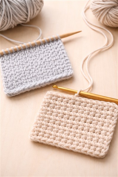 Strickmaschen und H&auml;kelmaschen an kleinen Probest&uuml;cken im Vergleich